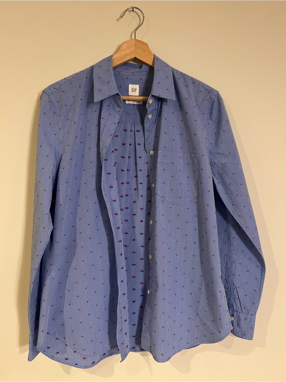GAP women’s Light Blue Button-Down with Red Micro Dot Print